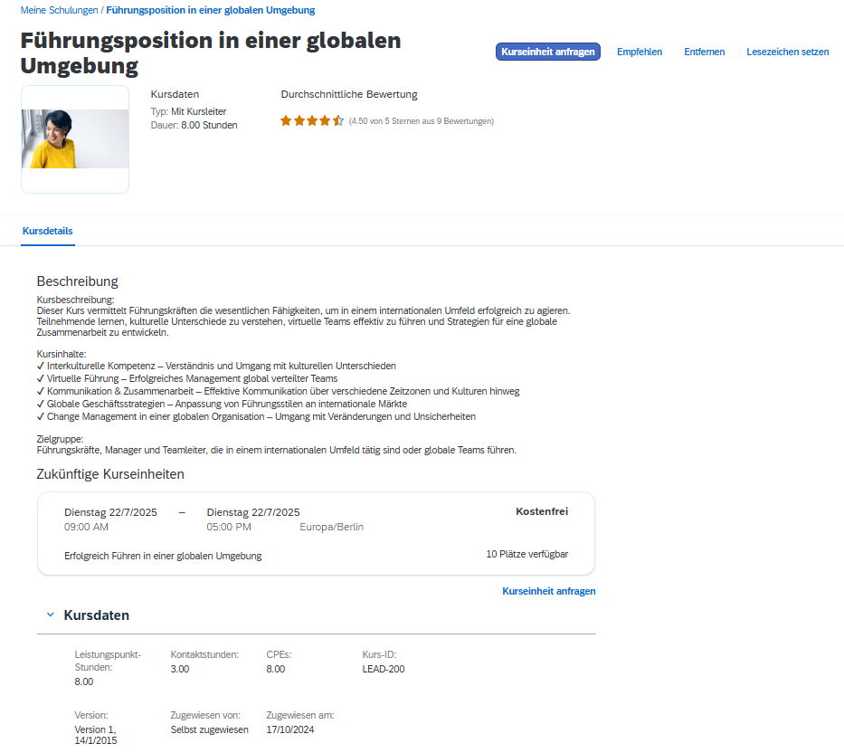 SuccessFactors Learning Management Kursdetails